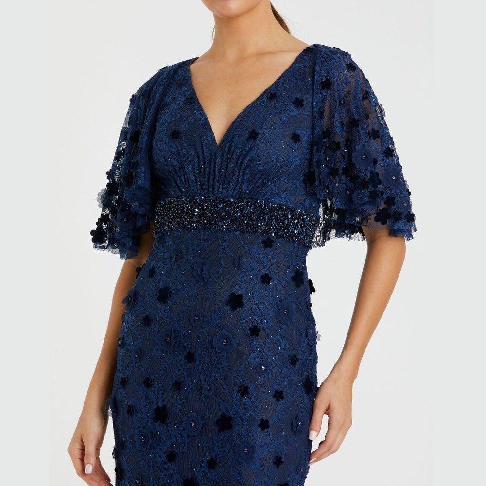 Mac Duggal 67712 Size 8 Dark Blue 3D Flowers Floral Lace Long Maxi Dress Gown - Picture 3 of 4